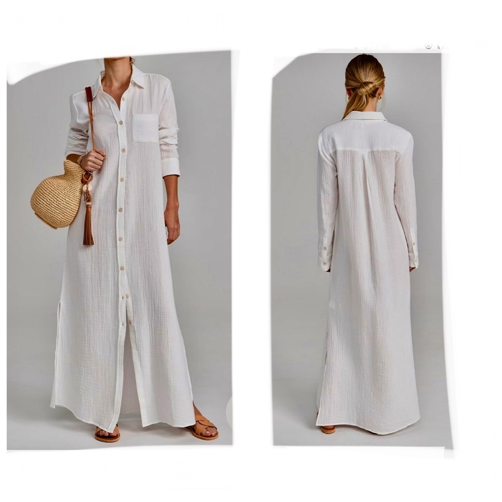 NWT FAHERTY  ORGANIC Cotton Gauze Maxi Shirtdress WHITE/ Retro/ Vintage /SIZE: S